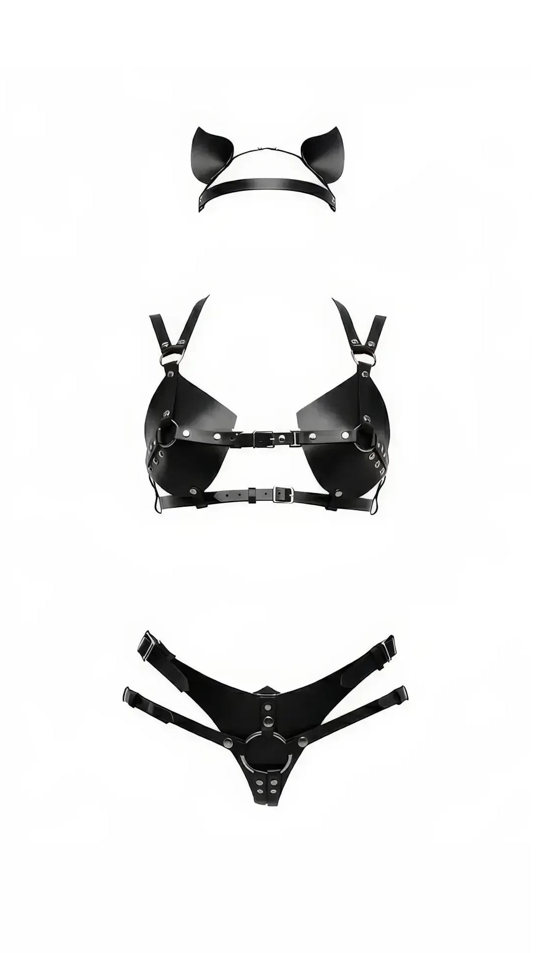 Fiora cat-ear and buckle harness set on a white background