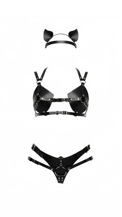 Fiora cat-ear and buckle harness set on a white background
